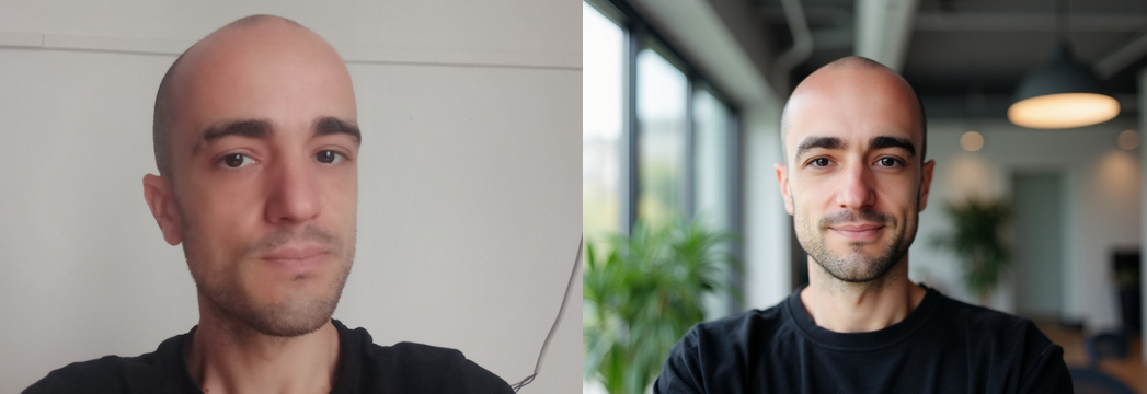 Side-by-side comparison: real selfie and AI headshot generated by HeadshotKiwi.