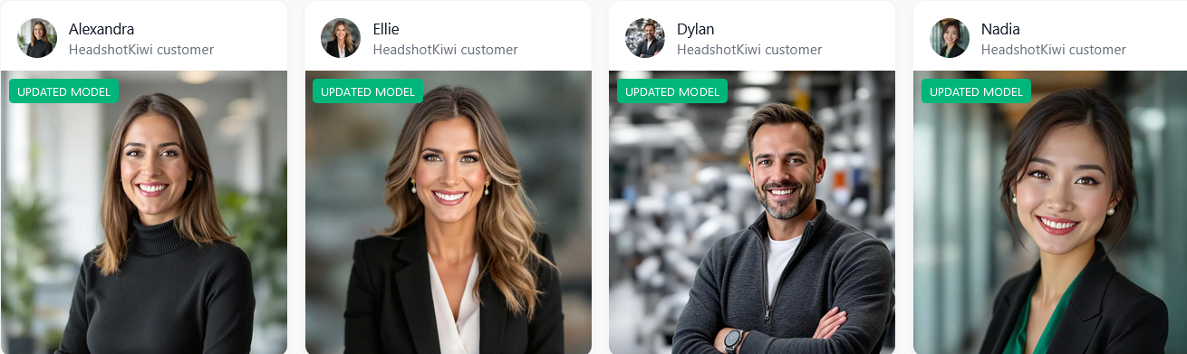 Four headshots generated by HeadshotKiwi.